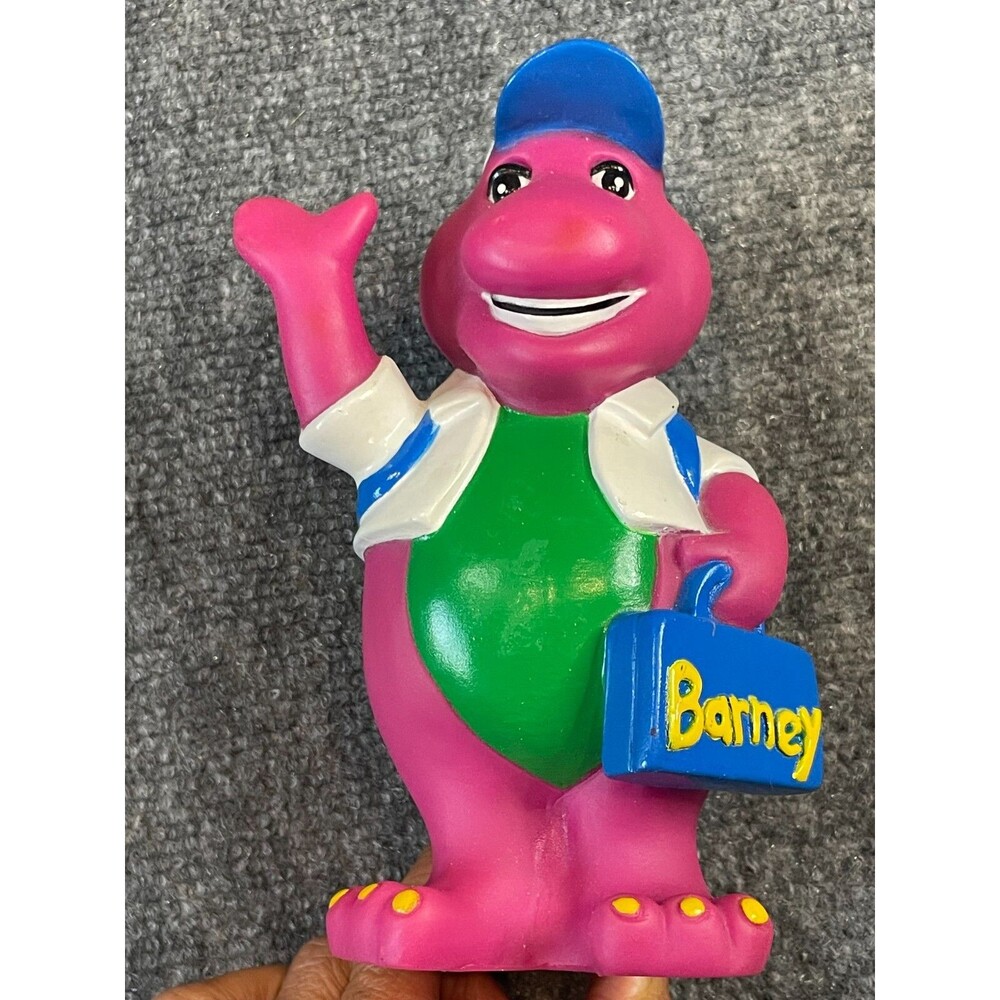 Barney Purple Dinosaur Vinyl Coin Piggy Bank 1992 Lyons Group in School Outfit